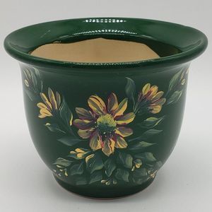 Signed Vintage Green Pottery Hand Painted Yellow Purple Glazed Planter